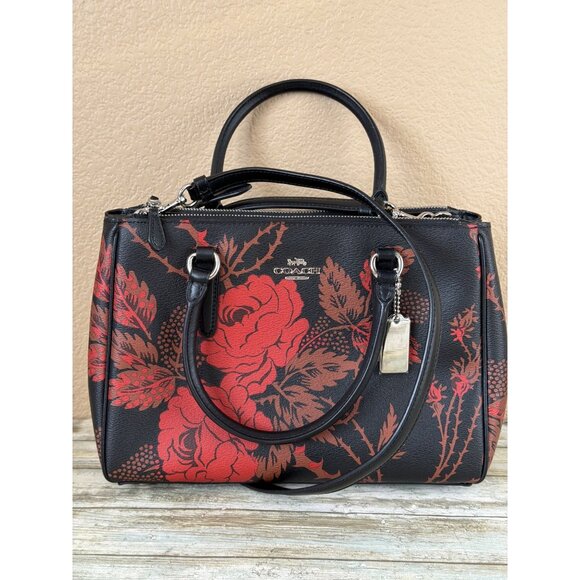 Coach Handbags - Coach F76681 Surrey Carryall Thorn Roses Print Black Leather Satchel Pre-owned